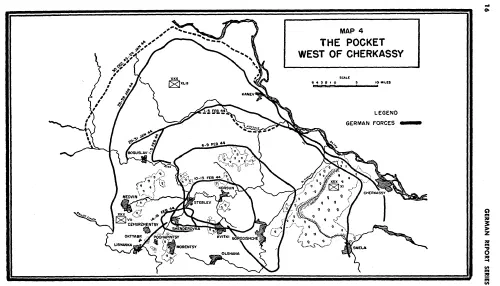 Mapa operativo de la bolsa de Korsun-Cherkassy mostrando las posiciones alemanas y soviéticas en enero de 1944