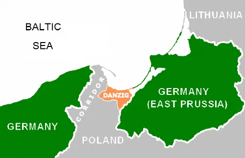 Mapa del corredor polaco y la ciudad libre de Danzig entre las dos guerras mundiales