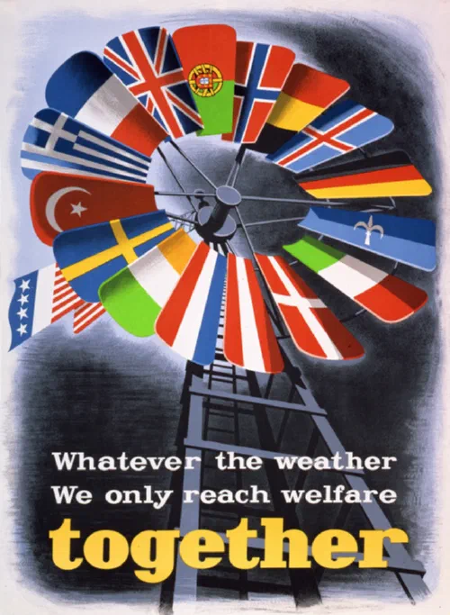 Cartel del Plan Marshall mostrando las banderas de los países europeos beneficiarios, 1950