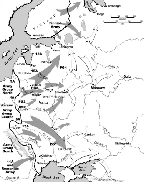 Mapa de la Operación Barbarroja mostrando los tres ejes de avance alemán hacia la Unión Soviética en 1941