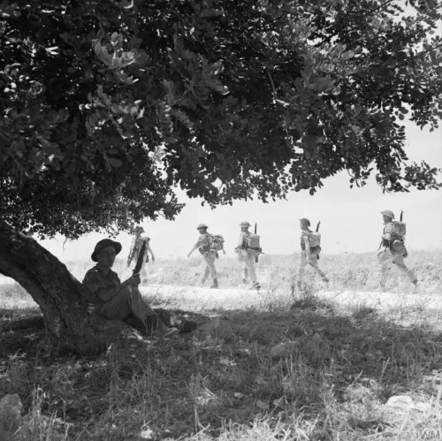 Tropas canadienses avanzando tierra adentro desde las playas de Sicilia en julio de 1943