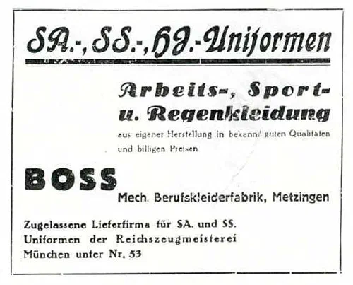 Anuncio de Hugo Boss de 1933 publicitando uniformes nazis de las SS, SA y Juventudes Hitlerianas