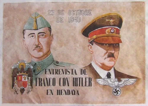 Ilustración conmemorativa de la entrevista de Hendaya entre Hitler y Franco en 1940