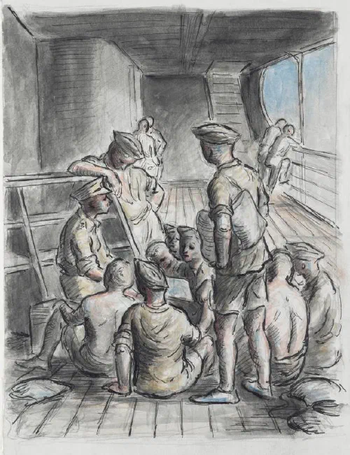 Un oficial británico explica el plan de asalto a sus hombres en la cubierta de un buque de la flota de invasión antes del desembarco en Sicilia, julio de 1943