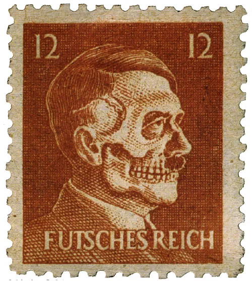 Sello postal falsificado por la OSS mostrando una calavera en lugar del perfil de Hitler, con la inscripción Futsches Reich