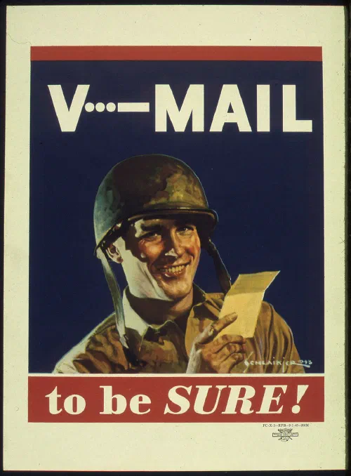 Cartel del ejército estadounidense promoviendo el uso del V-Mail durante la guerra