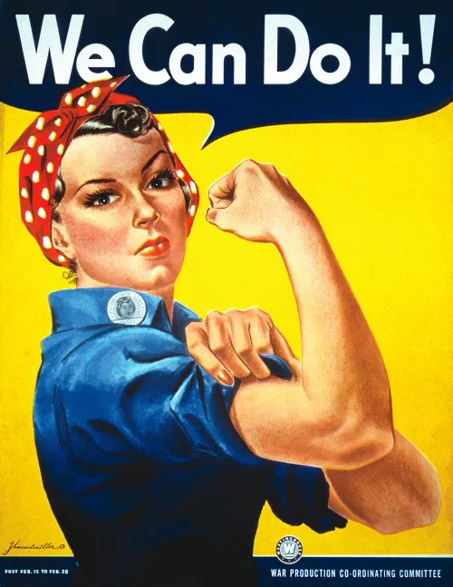 Cartel We Can Do It de J. Howard Miller, con una mujer flexionando el brazo, símbolo de la propaganda aliada durante la Segunda Guerra Mundial