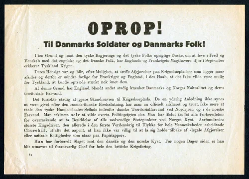 Panfleto alemán distribuido en Dinamarca el 9 de abril de 1940 durante la Operación Weserübung